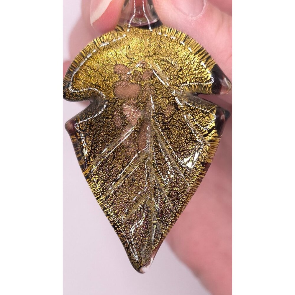 Handcrafted Dichroic Glass Leaf Pendant Unique Artisan Jewelry Necklace - Picture 4 of 4